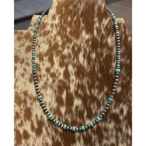 Native American Sterling Silver Graduated Navajo Pearl Turquoise Necklace 18”